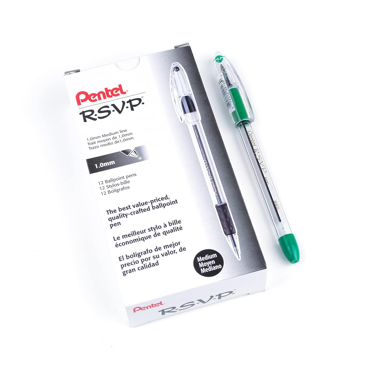 Pentel R.S.V.P. Bolígrafo, Punta Fina y Media, Caja con 12 Piezas - 12 Count (Pack of 1) - Punta media de 1,0 mm - forro polar verde con licencia oficial de star wars silent one crew.