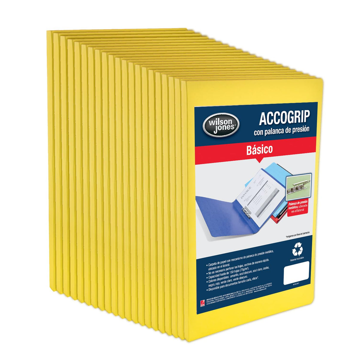 Wilson Jones / Carpeta con Mecanismo de Palanca Accopress&Accogrip Folder. Oficio p/ 150 Hojas. Amarillo 48 pzas. P0974