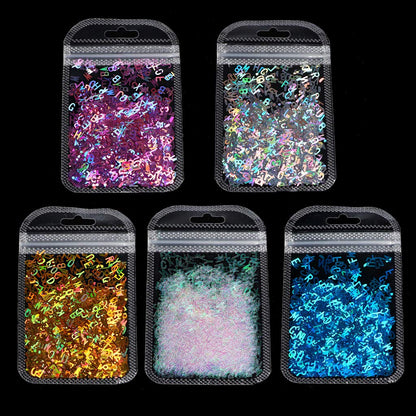 HELYZQ 5 Colores Alfabeto Letras holográficas Brillo Grueso Resina epoxi Lentejuelas 2g por