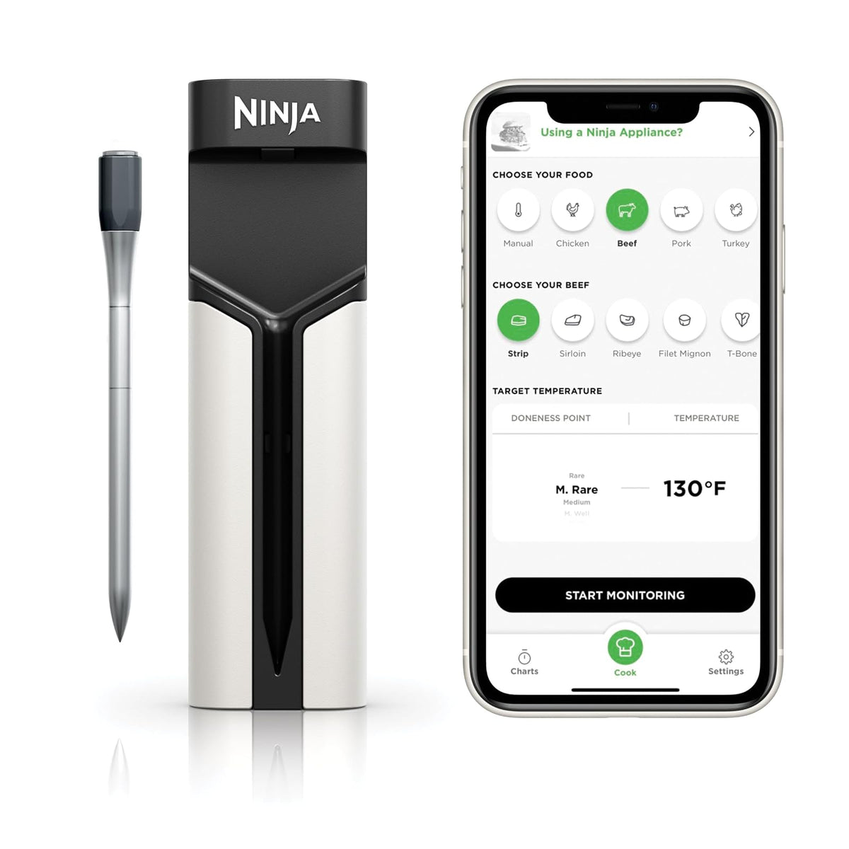 Ninja Meat Thermometer ProChef Sonda inalámbrica para freidora de aire interior y exterior, parrilla, cocina, ahumador, horno, tostador, conexión de aplicación Bluetooth de largo alcance, resistente