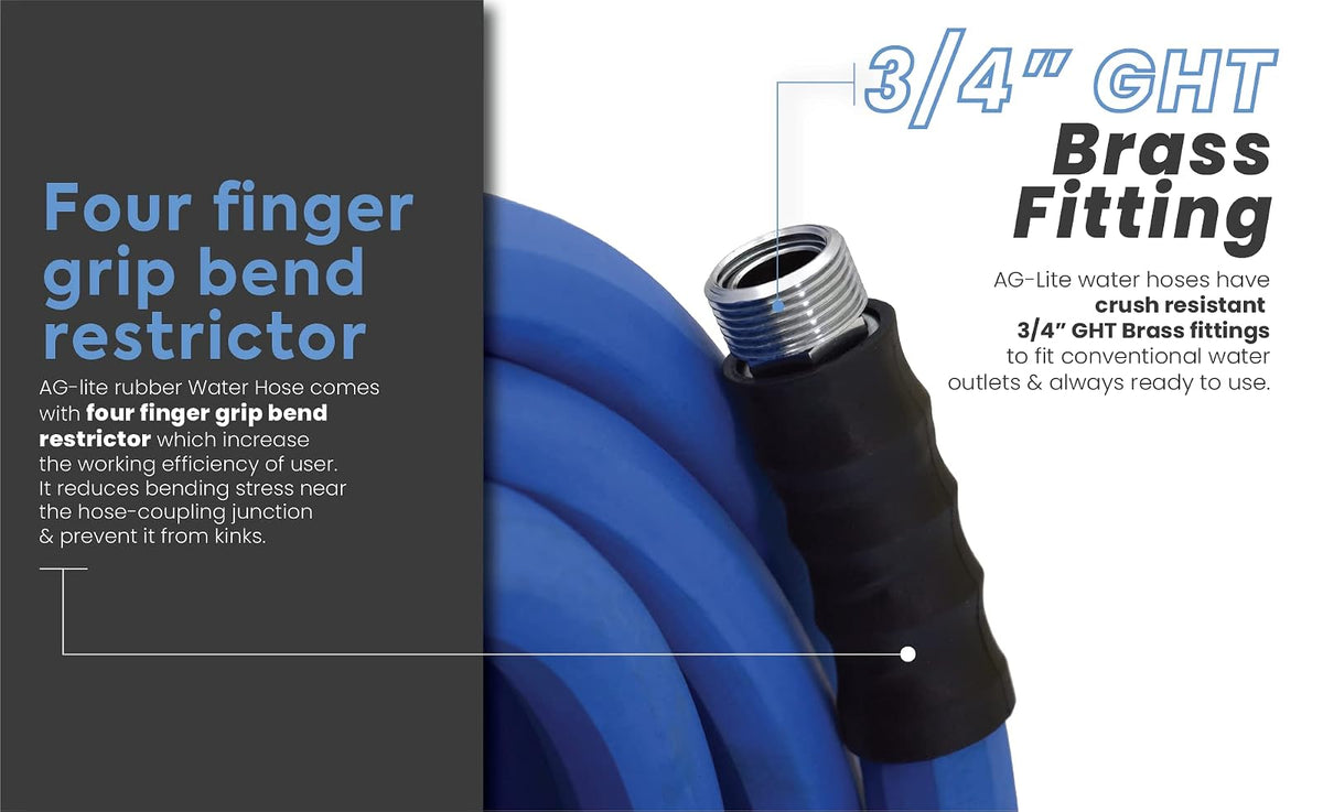 AG-LITE BSAL3450 Manguera de jardín de goma para agua caliente y fría, 100% goma, ultraligera, súper fuerte, 500 PSI, 50F a 190F grados, poliéster trenzado de alta resistencia
