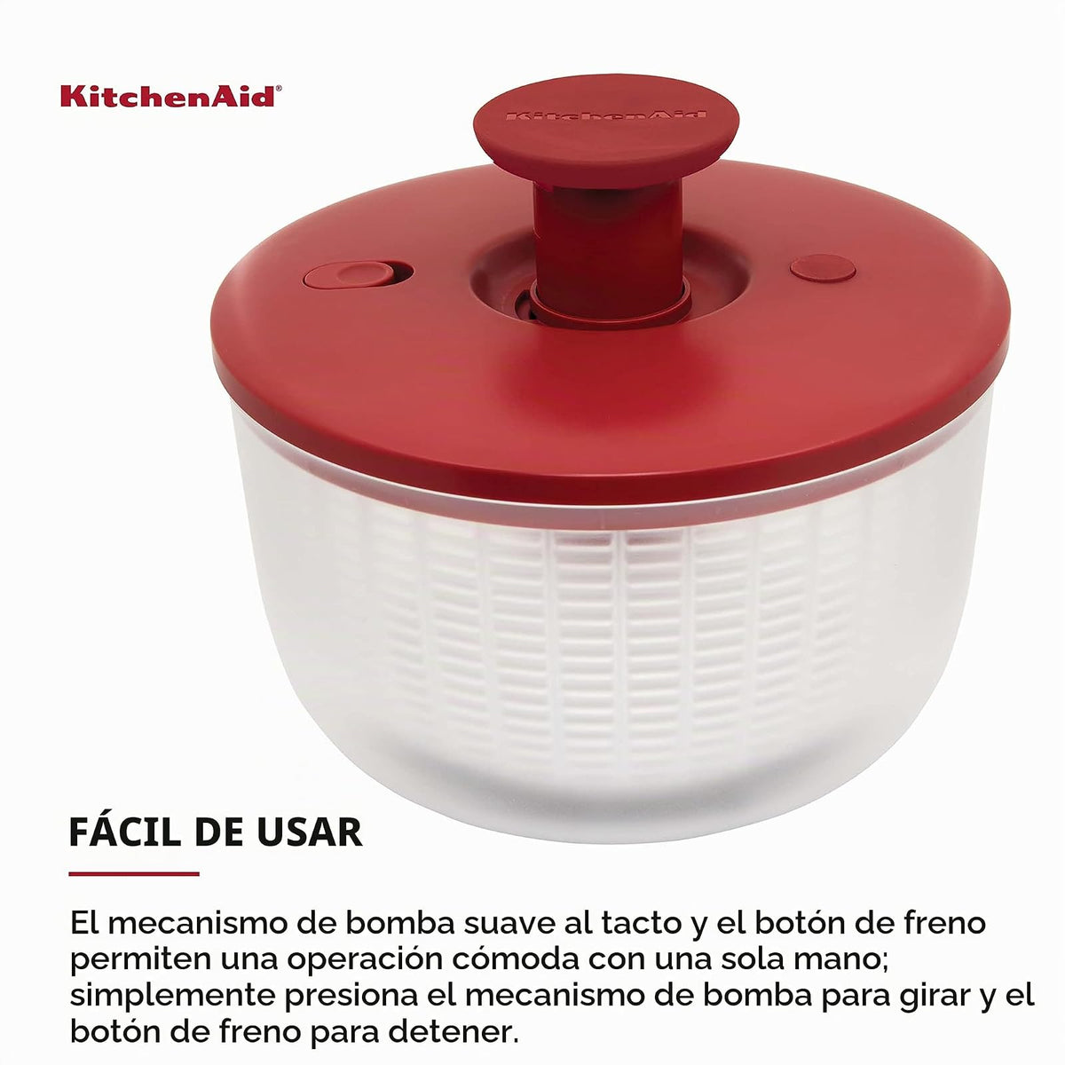 Kitchenaid Spinner Universal para Ensaladas con Tazón Extraíble, Colador y Mecanismo de Bomba con una Sola Mano, Nidos de Tazón Grande y Cuenta con Base Antideslizante, 7.43 Cuartos de Galón, Rojo