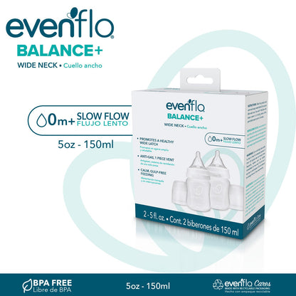 Evenflo Balance+ Biberones de Polipropileno Cuello Ancho 5 oz con Mamila Flujo Lento 2 Pack