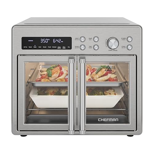 Horno tostador con freidora de aire Chefman de dos puertas, 10 en 1: freidora de aire, horno, asador, cocción lenta, 24 litros, capacidad para pizza de 30 cm o pollo de 1.8 kg. Acero inoxidable.