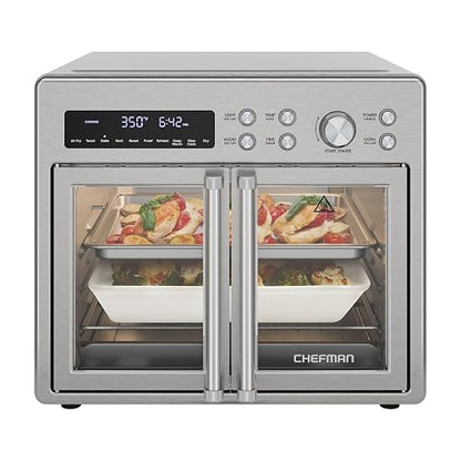 Horno tostador con freidora de aire Chefman de dos puertas, 10 en 1: freidora de aire, horno, asador, cocción lenta, 24 litros, capacidad para pizza de 30 cm o pollo de 1.8 kg. Acero inoxidable.