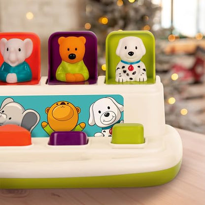 Battat Pop-Up Pals - Juguete Causa-Efecto con Animales | Botones para pulsar, girar, voltear y deslizar; 4 animales desplegables, colores y asa de transporte; 18 meses y +