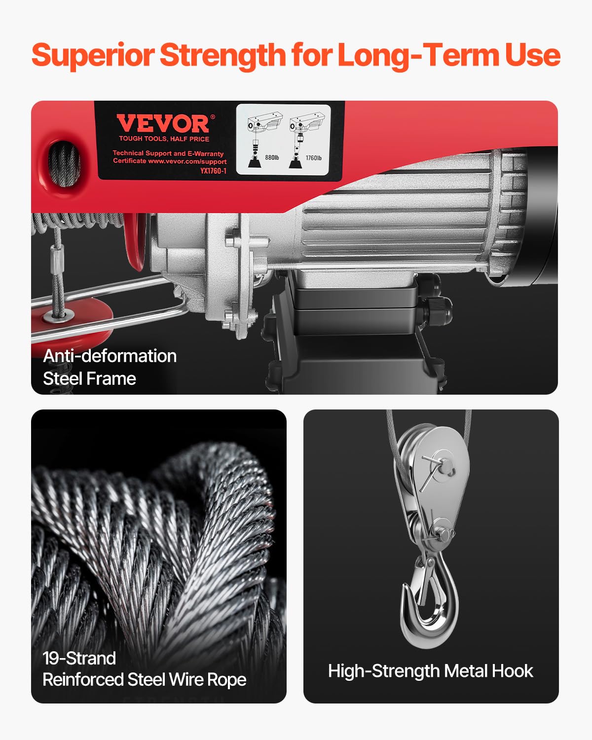VEVOR Polipasto Eléctrico de 1760 Libras con Control Remoto con Cable de 14 Pies, Polipasto Eléctrico de 110 Voltios con Altura de Elevación de Cable de 40 Pies y Motor de Cobre Puro