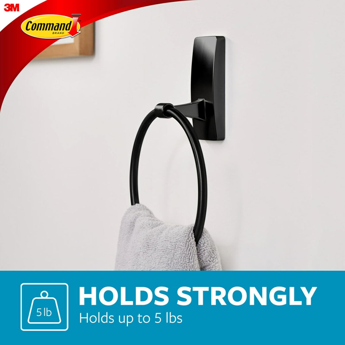 Command - Soporte para toallas de mano, color negro mate con tiras resistentes al agua, organizador de baño resistente al óxido, soporta hasta 5 libras, 1 anillo