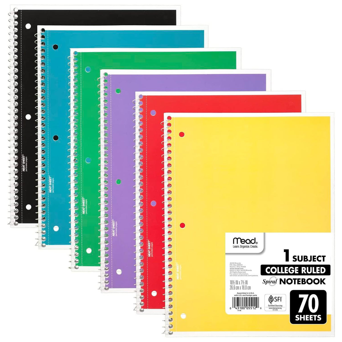 Mead Spiral Notebooks, 1 Subject, College Ruled Paper, 70 Sheets, 10-1/2" x 7-1/2", Assorted Colors, 6 Pack (73065)