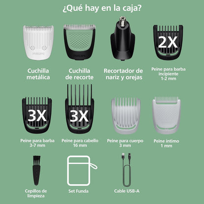 Philips Multigroom Serie 3000 Recortadora Todo en Uno para Hombre | Una herramienta para crear tu estilo en cara, cabello y cuerpo | 12 accesorios | Inlcuye recortador nariz y oreja | MG3921/15