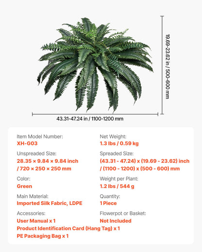 VEVOR Helechos Artificiales de Plástico, Diámetro Natural de 100-119 cm, Decoración de Pared con 88 Ramas, para Casa, Oficina y Exterior, Maceta no Incluida, 720 x 250 x 250 mm, Verde, 1 Pieza