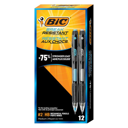 BIC - Lápices mecánicos resistentes a la rotura con , n.º Paquete de 2 lápices de punta media (0,7 mm), 12 unidades para suministros escolares u oficina