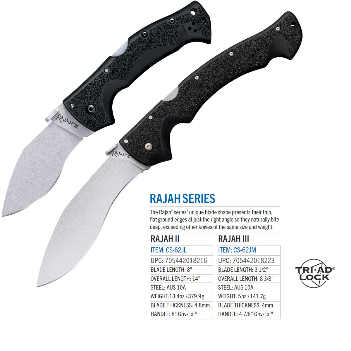 Cold Steel Rajah Series AUS10A - Cuchillo plegable táctico con mango Griv-Ex con bloqueo de triple anuncio, bolsillo ambidiestro y clip para cinturón