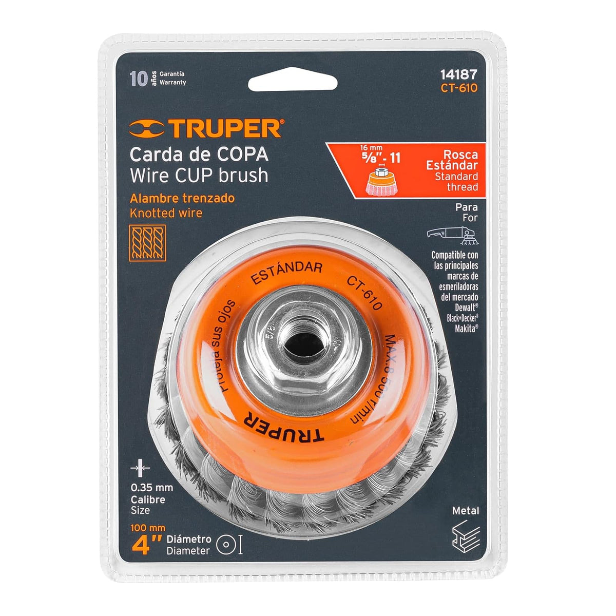 Truper CT-610, Carda para esmeriladora angular, de copa, alambre trenzado fino, calibre 0.35 mm, 4" 5/8-11