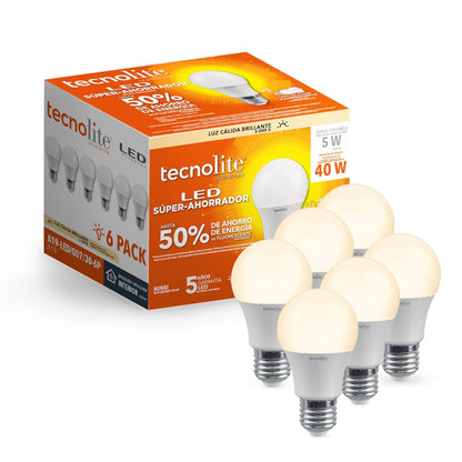 Tecnolite Paquete de 6 Focos LED 5 W A19 -Luz de Día, Base E27, No atenuables