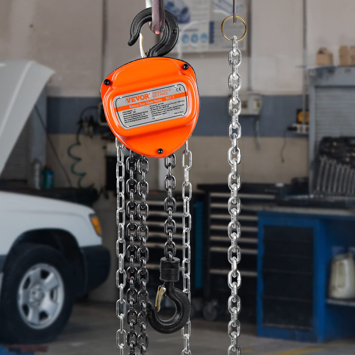 VEVOR Polipasto de Cadena Manual, Polipasto de Polea Resistente con Cadena Galvanizada G80 Mejorada, Altura de Elevación de 6 m Carga de 1 T para Garaje, Almacén y Maquinaria Automotriz, Naranja
