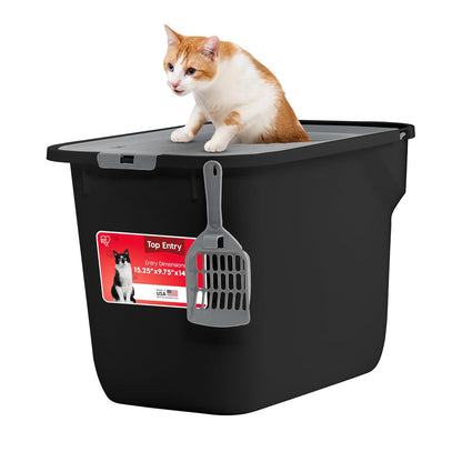IRIS USA Caja de Arena Gato Entrada Superior, Tapa Atrapa Arena, Pala | Perfecta para hogares con varios gatos, entrada superior, diseño resistente a perros, interior amplio y fácil limpieza