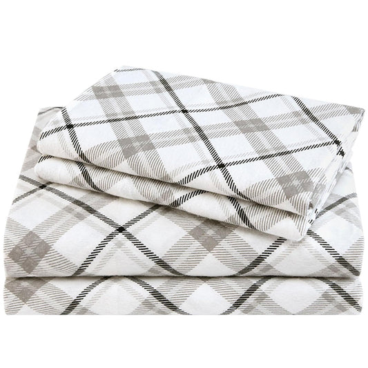 Comfort Spaces Juego de Sábanas de Franela de Algodón - 6 Piezas - Individual - Gris (Plaid Grey)