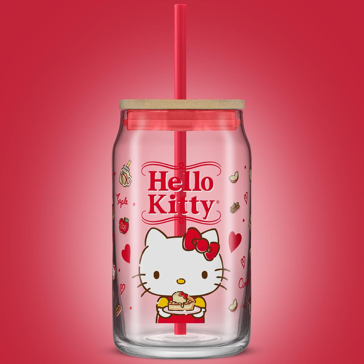 JoyJolt Sanrio - Vaso de vidrio con sabor favorito de Hello Kitty and Friends con tapa de bambú y popote, a prueba de fugas, taza transparente de 16 onzas con forma de lata de soda con Hello Kitty