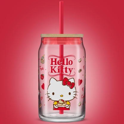 JoyJolt Sanrio - Vaso de vidrio con sabor favorito de Hello Kitty and Friends con tapa de bambú y popote, a prueba de fugas, taza transparente de 16 onzas con forma de lata de soda con Hello Kitty