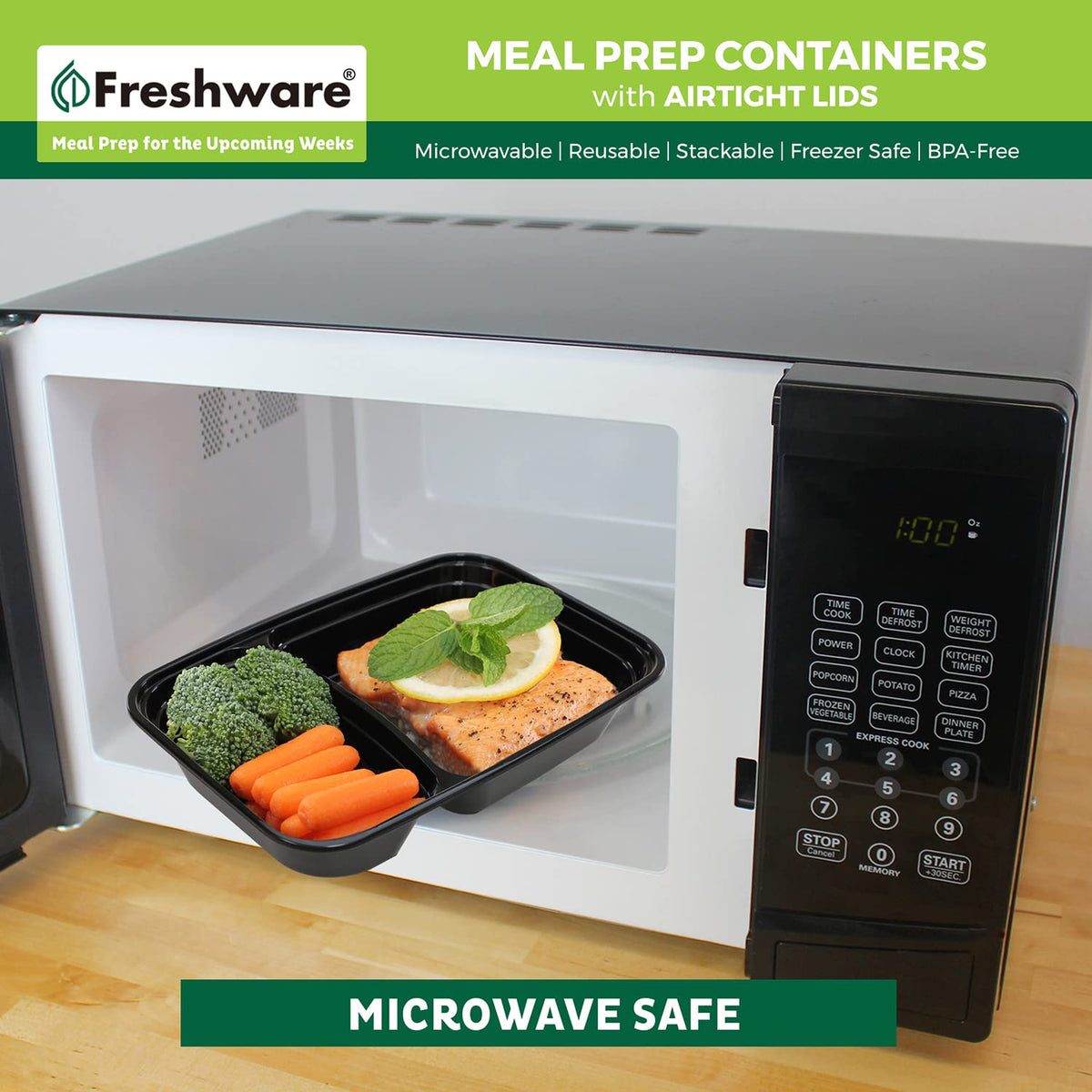 Freshware - Recipientes para preparación de comidas (15 unidades), 2 compartimentos con tapas, caja bento, sin BPA, apilables, aptos para microondas/lavaplatos/congelador (32 onzas), negro, 28