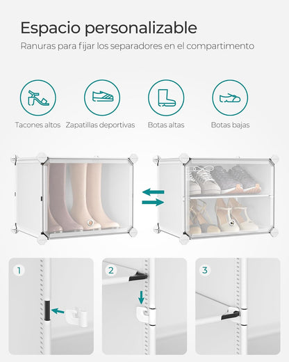 SONGMICS Zapatero Organizador de 8 Cubos con Puertas para 32 Pares, Marco de Acero y Panel de Plástico Blanco ULPC034W01