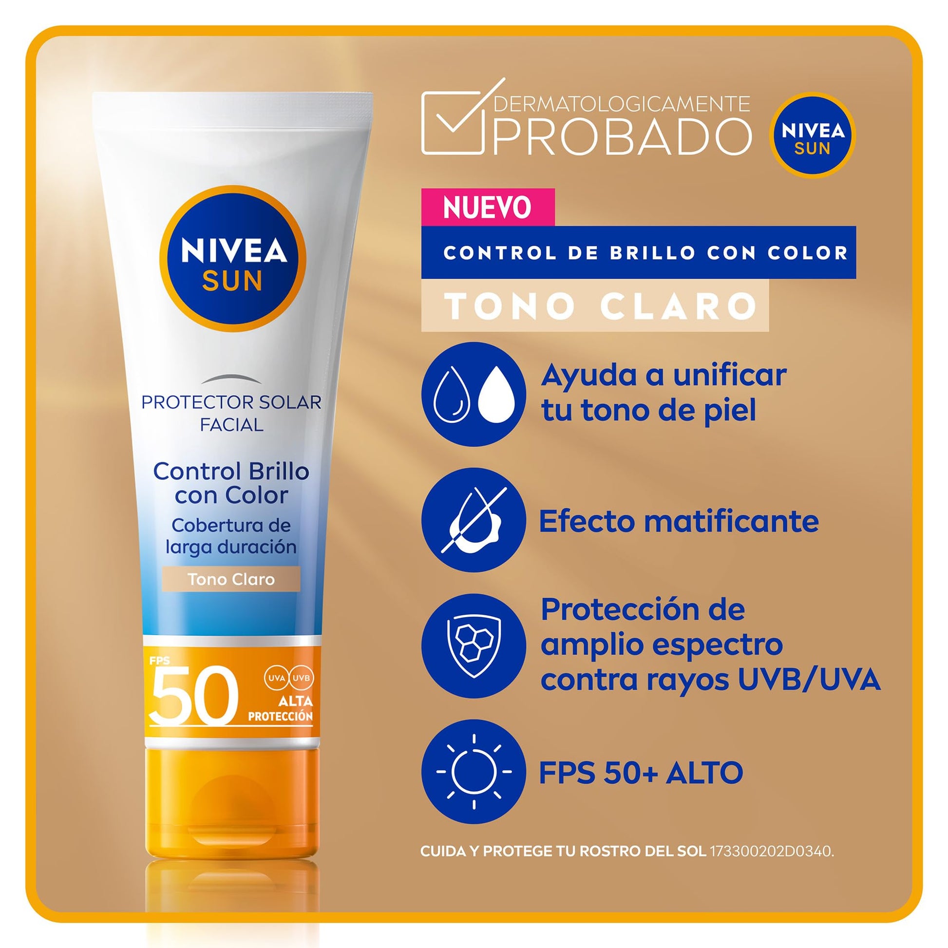 Protector Solar Facial NIVEA SUN Control Brillo Tono Claro, Cobertura de Larga Duración FPS 50+ 50ml