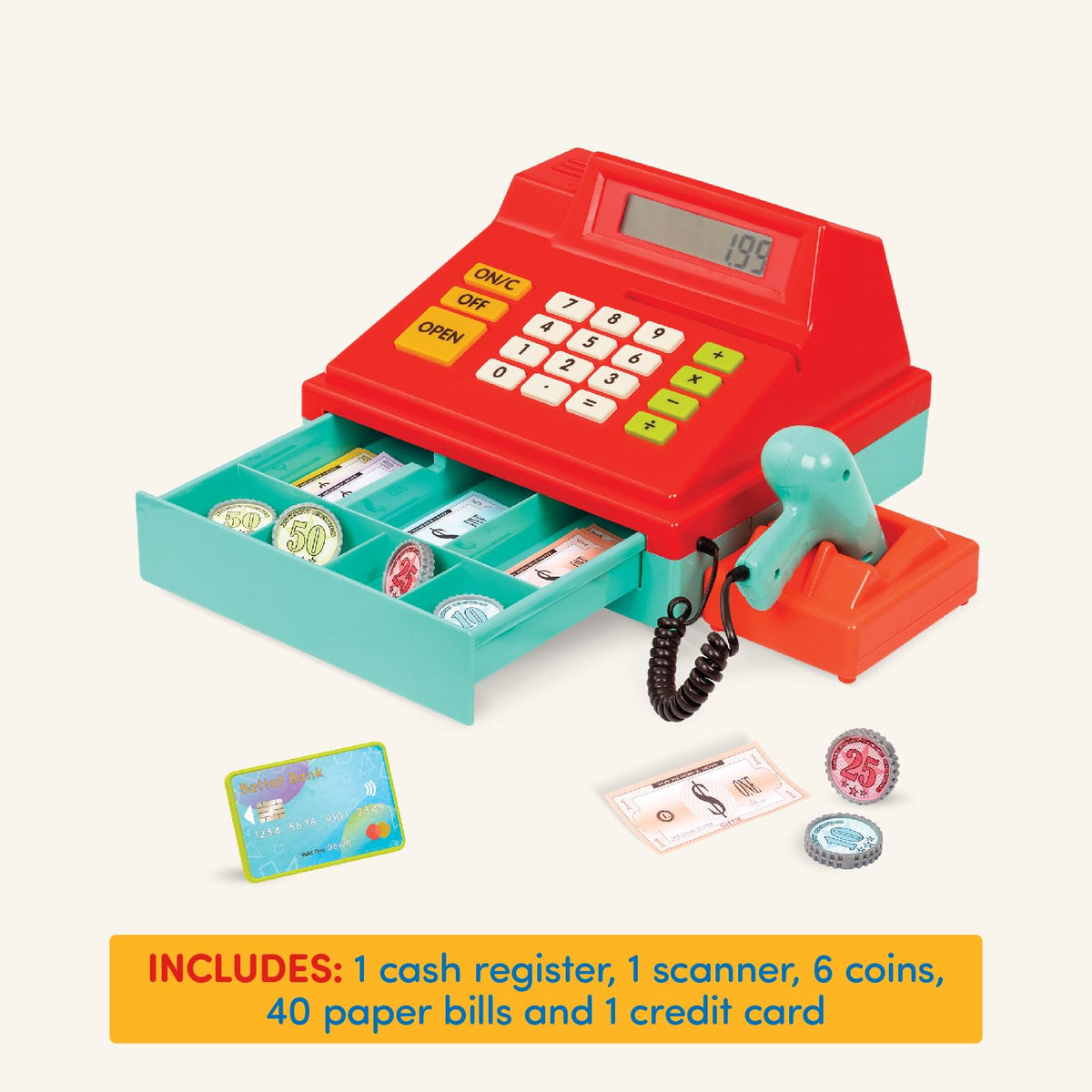 Battat - Caja registradora de Juguete roja con calculadora y escáner | Juego de 49 piezas con caja registradora, escáner, tarjeta, 6 monedas y 40 billetes; juego de compras y conteo; 3 años y +