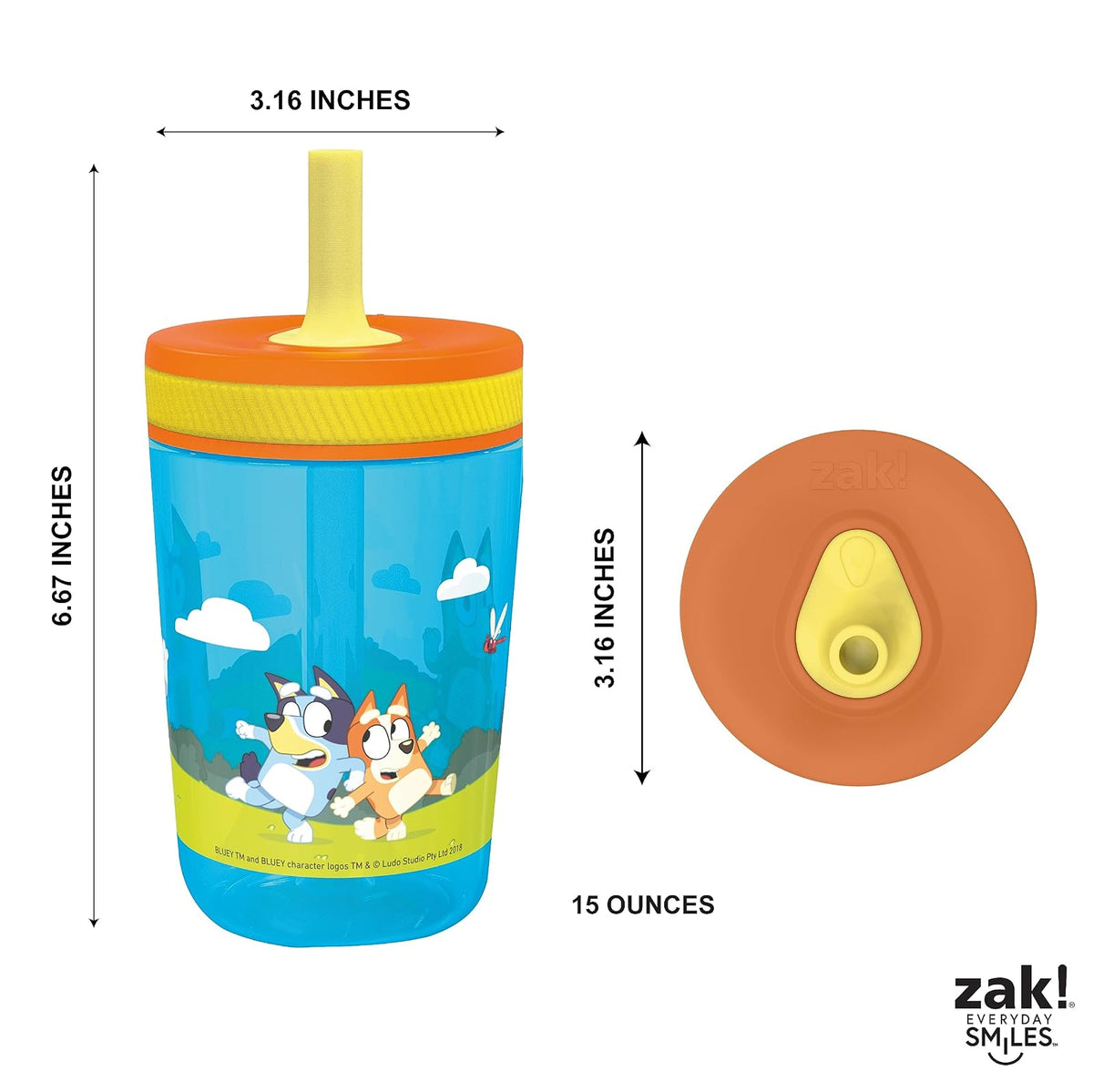 Zak Designs Juego de vasos Bluey Kelso de 15 onzas, sin BPA, tapa atornillada a prueba de fugas, con popote hecha de plástico duradero y silicona, paquete perfecto para niños