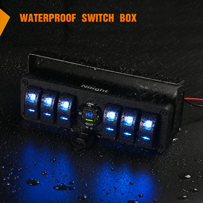 Nilight 6 Gang Rocker Switch Box 12V SPST ON Off PD Type C and USB Charger Voltmeter Waterproof Aluminum Panel Night Glow Stickers for Boats Cars RVs Trucks