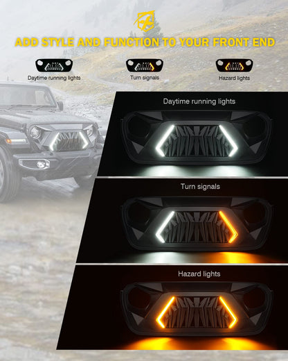 Xprite - Parrilla frontal de repuesto compatible con Jeep Wrangler JL JLU y 2020+ Gladiator JT, parrilla de tiburón negro mate con luz para correr y intermitentes