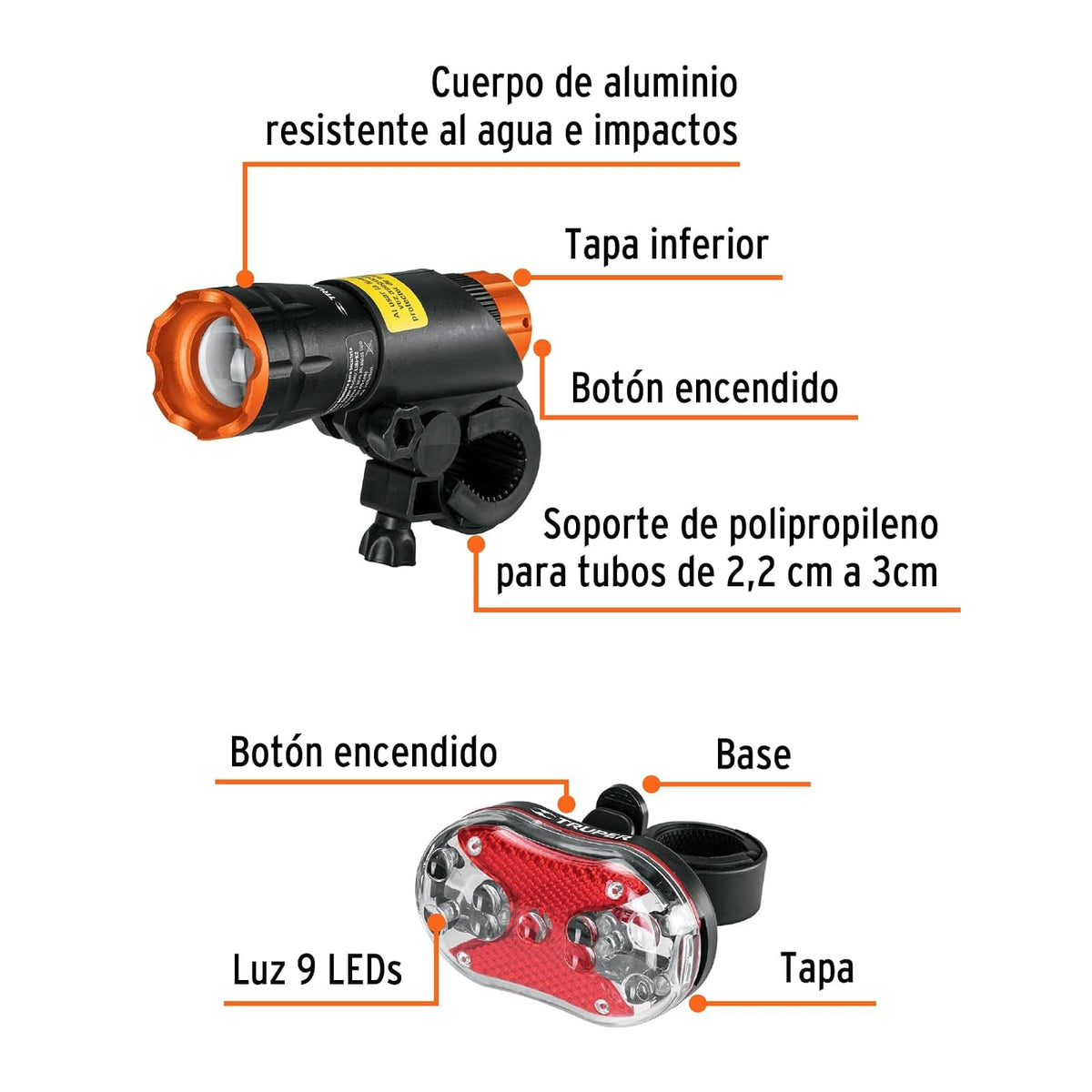 Truper LIBI-K2, Juego de Linterna Delantera y Trasera para Bicicleta