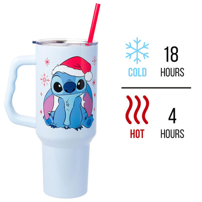 Silver Buffalo Disney Lilo and Stitch - Vaso de acero inoxidable con mango y popote, para Navidad, diseño de Papá Noel, con diseño de copos de nieve, se adapta a portavasos estándar, 40 onzas