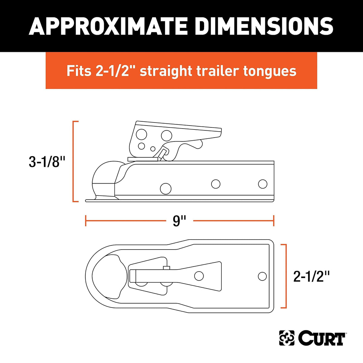 CURT 25105 Acoplador de Remolque de Lengua Recta para Canal 2-1/2 in, Bola 1-7/8 in, Zinc Transparente