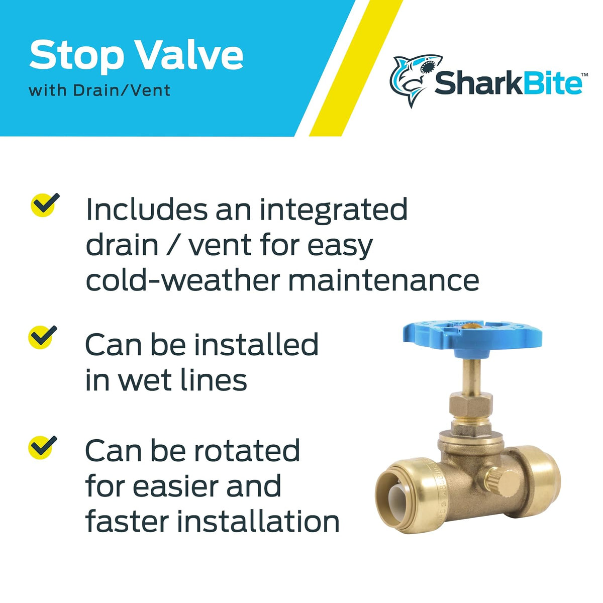 SharkBite Válvula de tope de 3/4 pulgadas con drenaje y ventilación, empuje para conectar el accesorio de fontanería de latón, tubo PEX, cobre, CPVC, PE-RT, HDPE, 24635LF