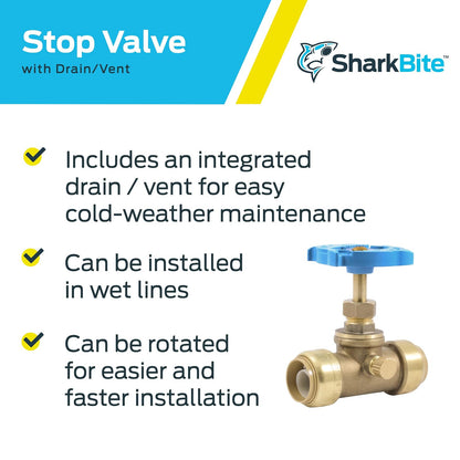 SharkBite Válvula de tope de 3/4 pulgadas con drenaje y ventilación, empuje para conectar el accesorio de fontanería de latón, tubo PEX, cobre, CPVC, PE-RT, HDPE, 24635LF