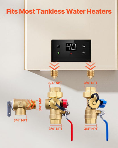 VEVOR Kit para Calentador de Agua, Kit de válvula de Servicio para Calentador de Agua sin Tanque de 3/4 Pulgadas con 2 válvulas de Aislamiento de 3/4″ NPT a 3/4″ NPT, válvula de Alivio de presión