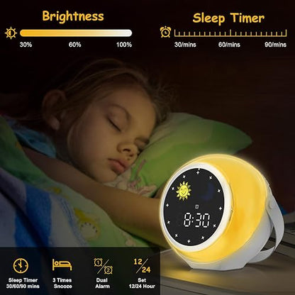 Reloj Despertador para niños para decoración de recámara, Reloj Digital para niños pequeños con Salida del Sol y Luna, máquina de Sonido de Ruido Blanco y luz Nocturna para niña/niño, Entrenador de