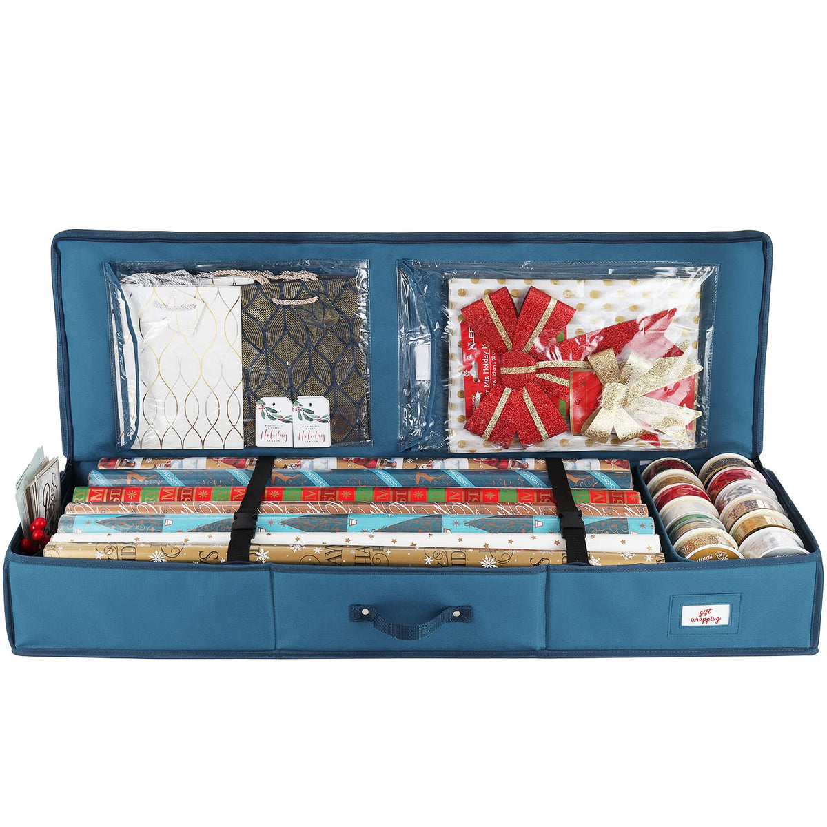 Hearth & Harbor - Contenedor de almacenamiento de papel de regalo, bolsa de almacenamiento de Navidad con bolsillos interiores, organizador de papel de regalo, se adapta a hasta 22 rollos de 40