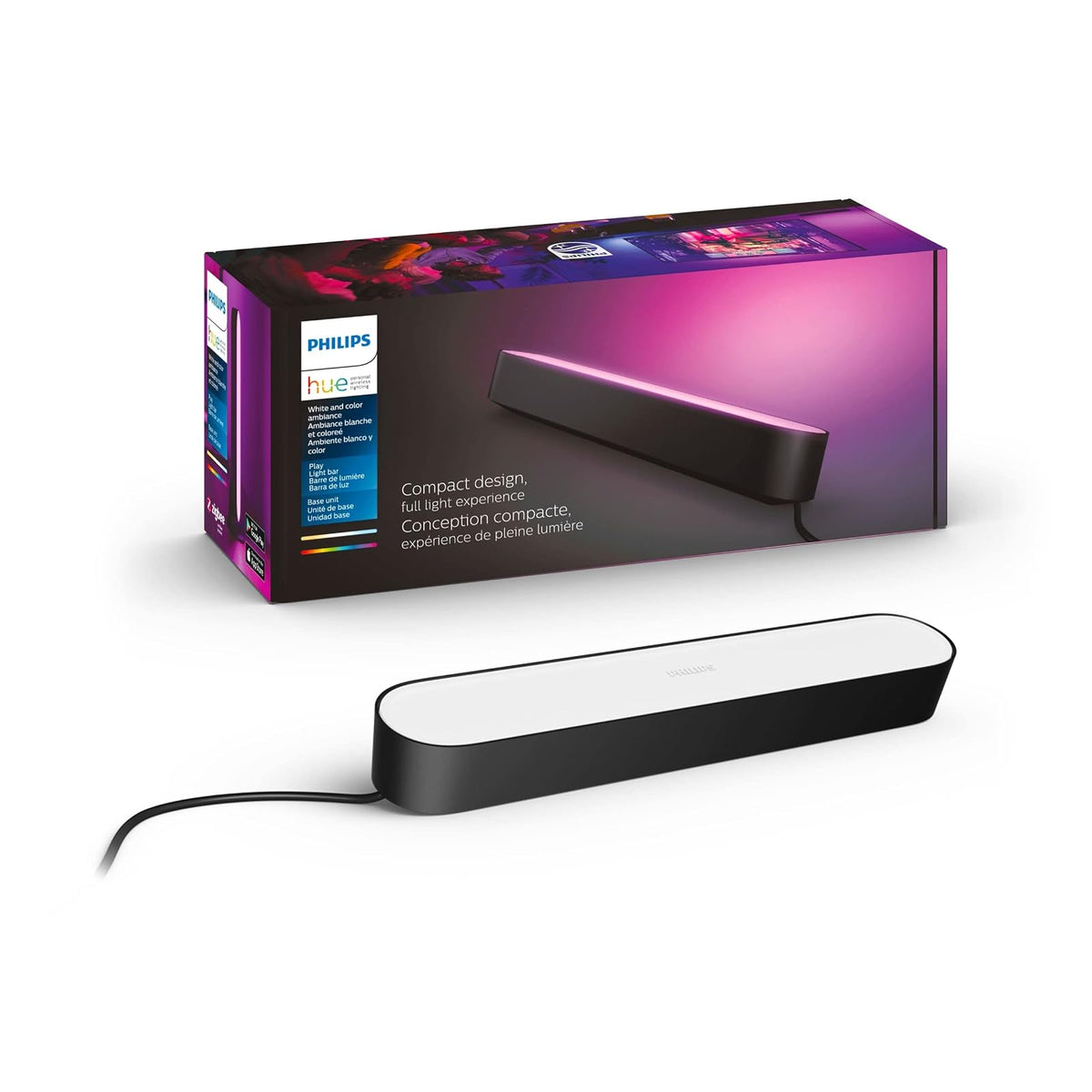 Philips Hue Play Barra de Luz LED Inteligente, Compatible con Alexa - Negro - Base Kit - 1 Pack - 1 paquete con enchufe - Barra de luz, LED