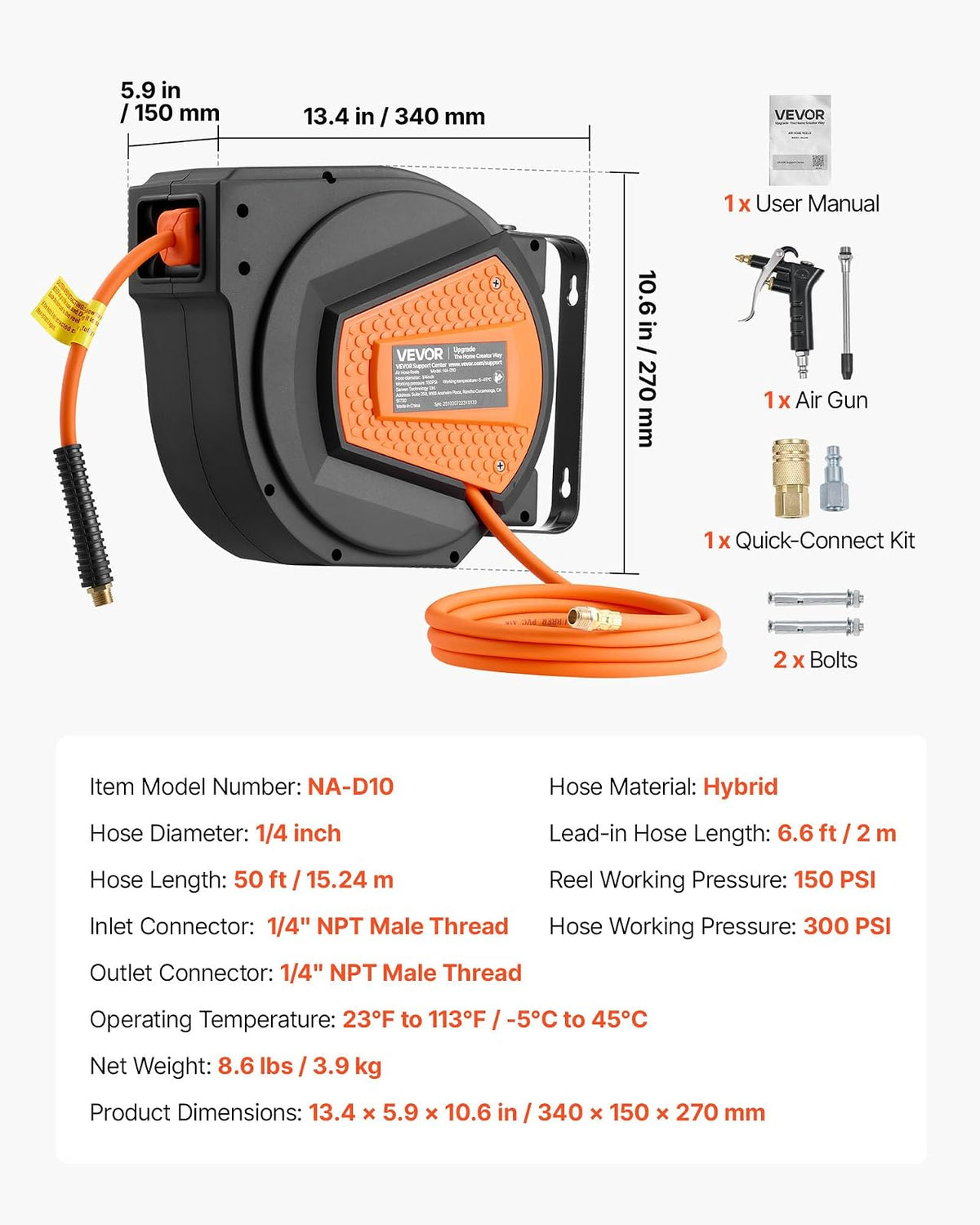 VEVOR Carrete de manguera de aire retráctil, manguera de aire híbrida de 1/4 de pulgada x 50 pies, máx. 300 PSI, carrete de mangueras de compresor de aire cerrado con rebobinado automático