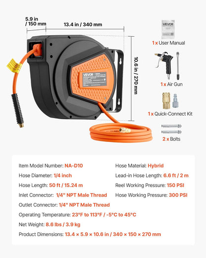 VEVOR Carrete de manguera de aire retráctil, manguera de aire híbrida de 1/4 de pulgada x 50 pies, máx. 300 PSI, carrete de mangueras de compresor de aire cerrado con rebobinado automático