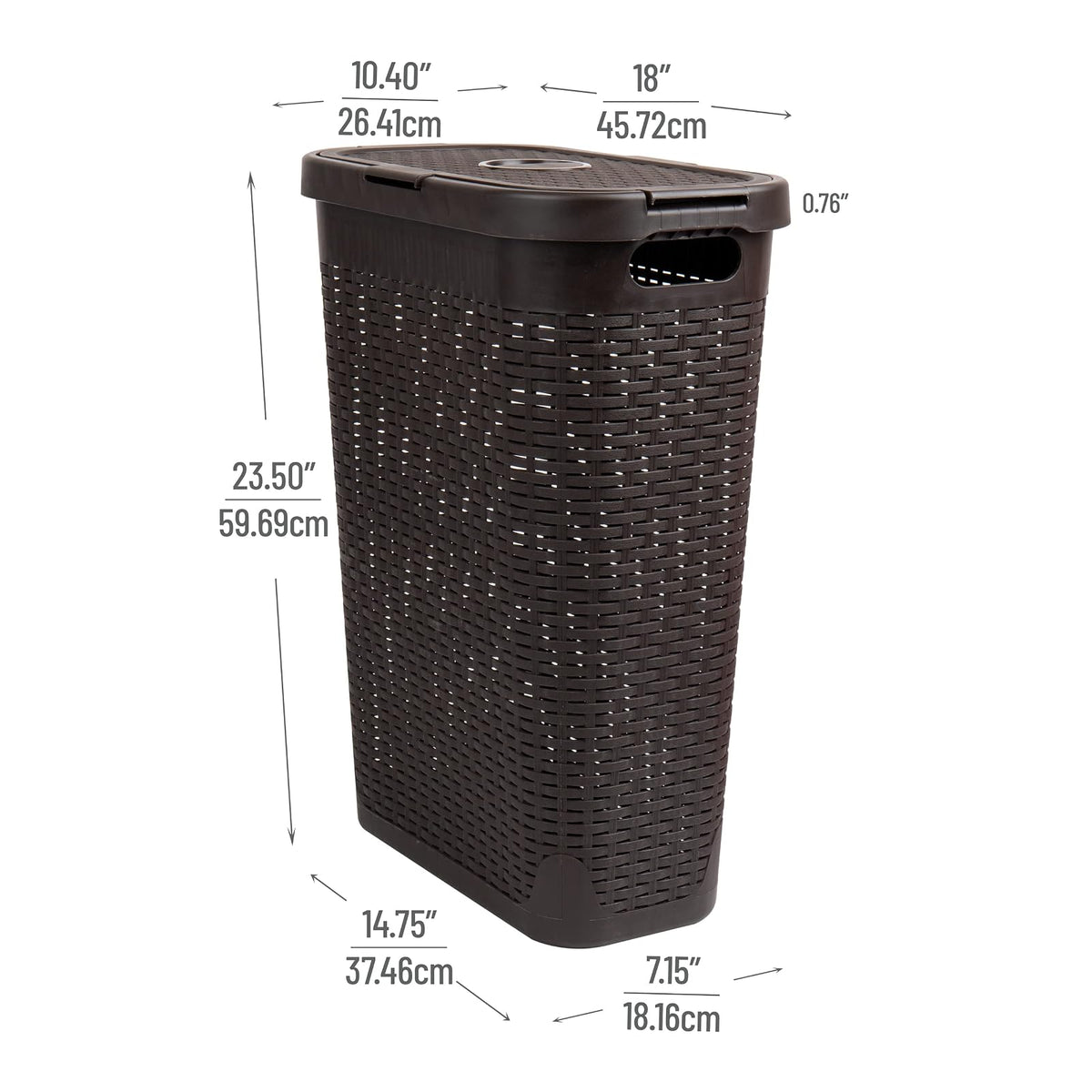 Mind Reader 40L Slim Laundry Hamper, Clothes Basket, Lid, Wicker Design, Plastic, 18"L x 10.4"W x 23.5"H, Brown