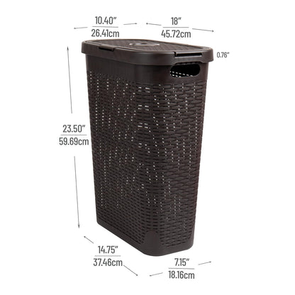 Mind Reader 40L Slim Laundry Hamper, Clothes Basket, Lid, Wicker Design, Plastic, 18"L x 10.4"W x 23.5"H, Brown