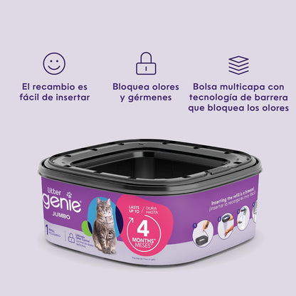 Recambio Litter Genie Jumbo, Paquete de 2 | 56 pies de película con bloqueo de olores, dura 8 meses, fácil de usar, minimiza el desperdicio