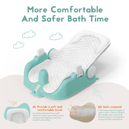 BabyBond - Asiento de baño para bebé con asiento y acostado, 2 modos, ajuste de 3 velocidades, potentes ventosas, silla de tina para bebé con toalla suave y cómoda, plegable y colgante