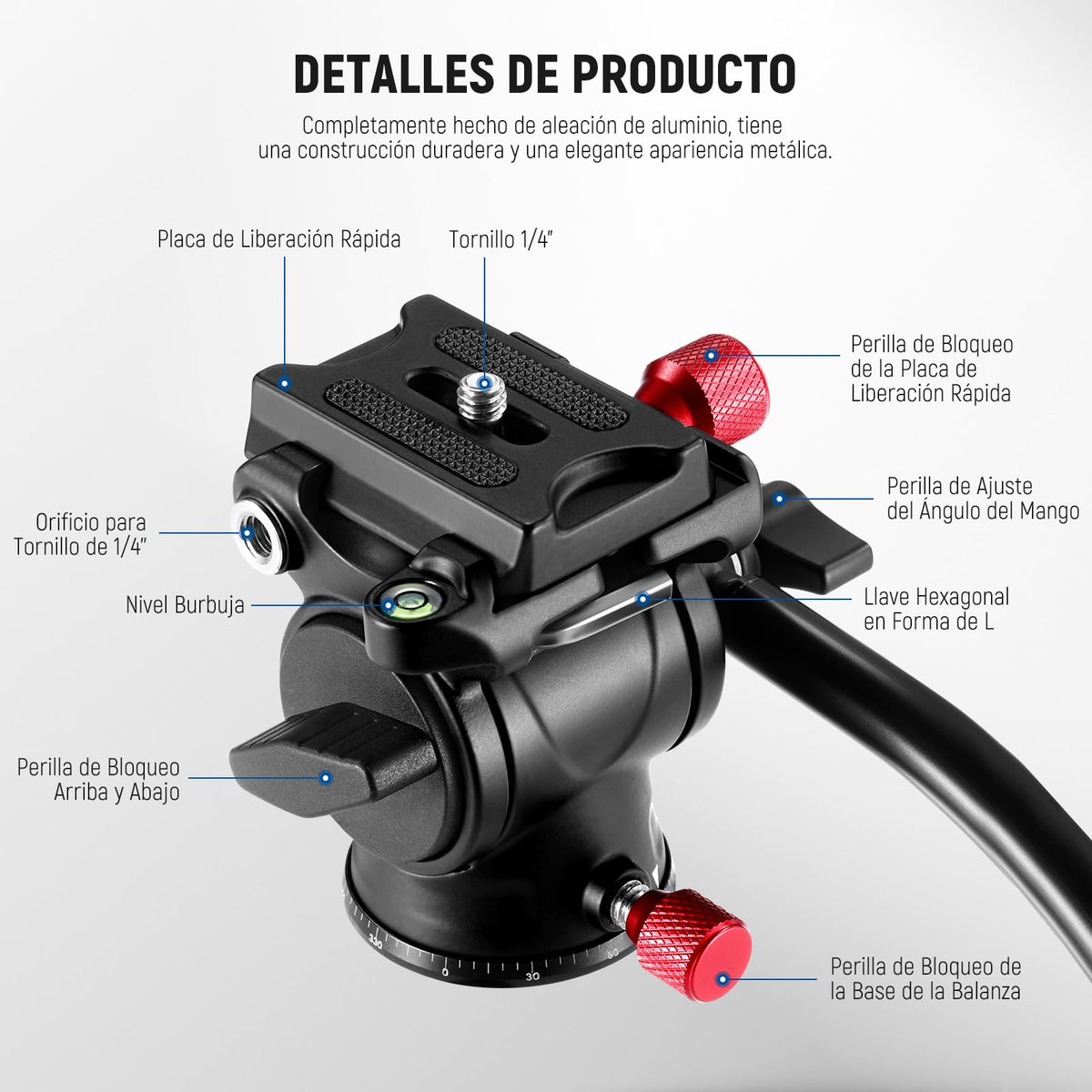 NEEWER Cabezal de Trípode Fluido con Mango y Liberación Rápida Tipo Arca, Cabezal Panorámico de Arrastre con Base Escalada de ø43mm para Cámara DSLR de Videocámara Compacta, Carga Máxima: 6,6lb, GM23