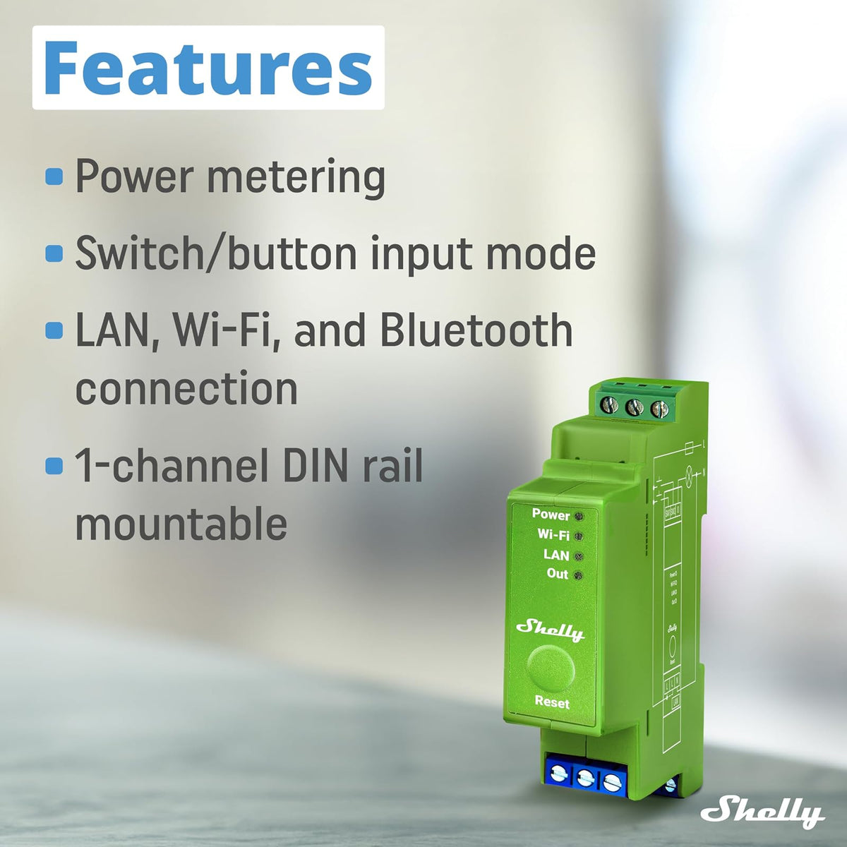 Shelly Pro Dimmer 1PM – Regulador de luz Wi-Fi/LAN, Medidor de consumo integrado, 1 canal, 200 W, Instalación- carril DIN, Compatible con lámparas halógenas y LED, Alexa, Google Home, App iOS, Android