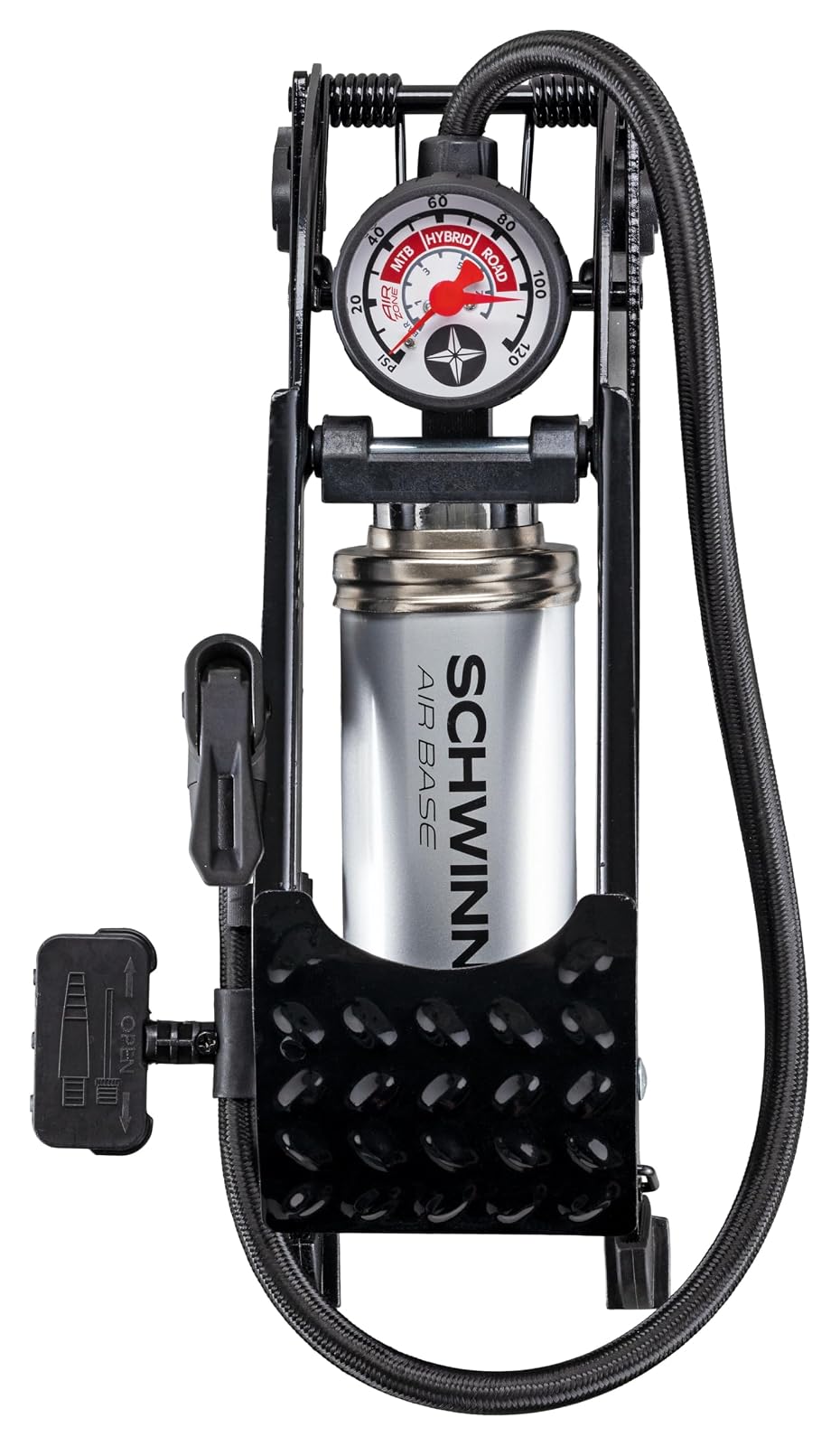 Schwinn Bomba de pie de Alta presión, Base de Aire y Base de Aire Plus, medidor de presión de Aire zonificado, se Adapta Tanto a Schrader como a Presta, máximo 120 PSI