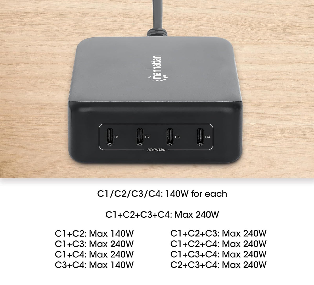 Manhattan 102667 Estación de Carga PD 4 Puertos USB-C 240 W Power Delivery 3.1 GAN, hasta 140 W por Puerto, Carga Rápida Inteligente, Compacta y Segura, Compatible Laptops, Teléfonos y Tablets.